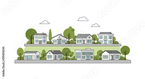 Suburban Neighborhood Houses Illustration with Trees and Clouds