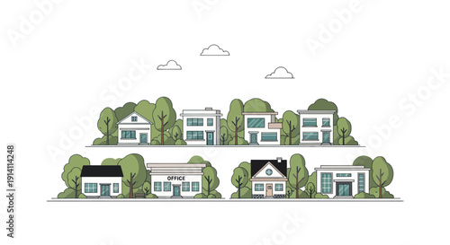 Charming Row of Diverse Houses and Trees in a Stylized Neighborhood Illustration