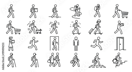 Vector icon set featuring various stick figures walking, running, pushing carts, carrying bags, and skateboarding, isolated on a white background.