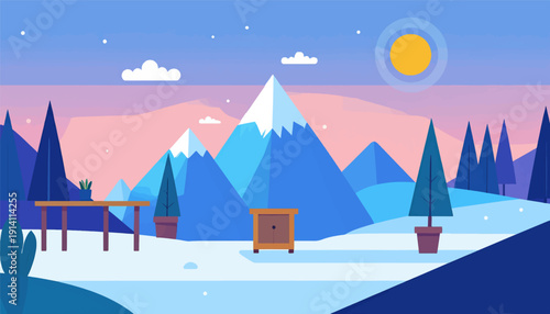 A stylized winter mountain landscape with a pink and blue gradient sky and a bright yellow sun