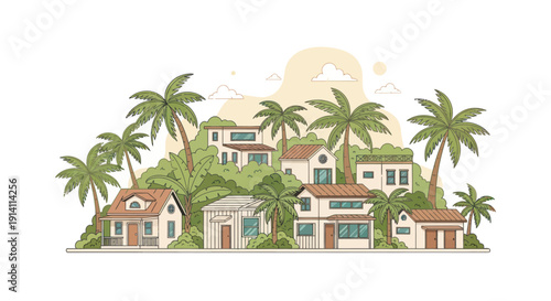 Tropical Village Scene: Charming Houses Surrounded by Lush Greenery and Palm Trees