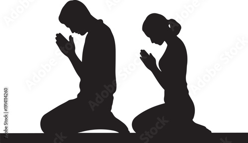 Two silhouettes kneeling and praying in profile two people