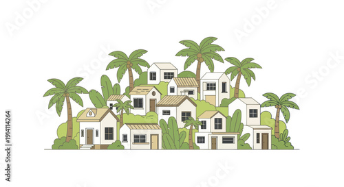 Tropical Village Illustration: Cozy Houses Amidst Palm Trees and Lush Greenery