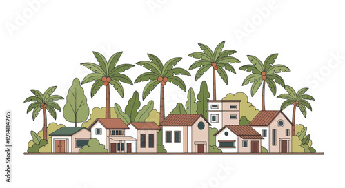 Tropical village with palm trees and houses, flat illustration, summer landscape