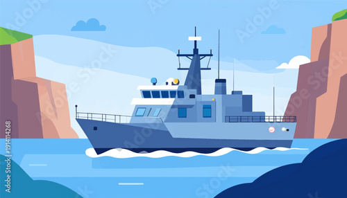 A stylized blue warship navigates calm blue waters near a steep, colorful cliff
