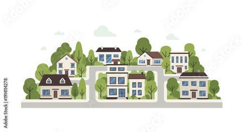 Cozy Suburban Neighborhood with Diverse Houses and Green Trees