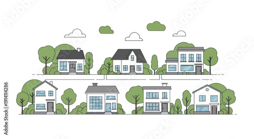 Modern Houses and Trees Set: Suburban Neighborhood Flat Illustration