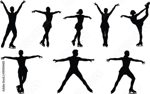 Figure Skating Silhouette Collection, Ice Skaters Performing Jumps, Spins and Elegant Poses, Black Vector Illustration Isolated on White Background