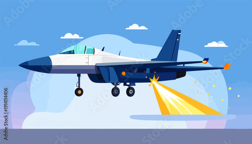A blue and white jet fighter, with its landing gear down, expels a bright yellow flare into a bright blue sky with clouds