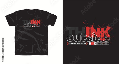 Think outside the box slogan with abstract paint splatters, vector t-shirt design