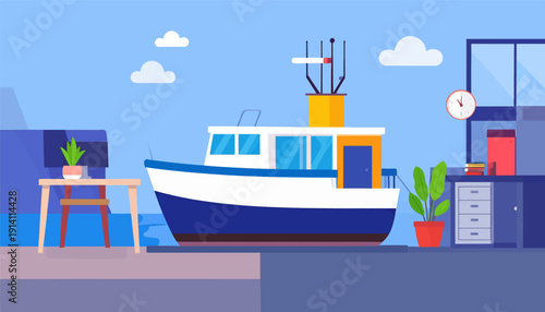 A stylized boat rests on water beside an indoor scene with furniture and plants