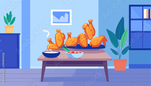A table with fried chicken, dipping sauces, and indoor plants in a minimalist room setting