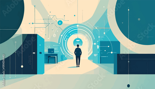 A person walks through a futuristic digital space with glowing circuits and data streams