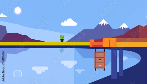 A surrealist landscape with a floating filing cabinet over a calm lake, snow-capped mountains, and a bright sun