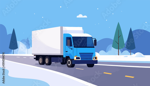 A blue delivery truck drives down a snow-dusted road surrounded by winter trees