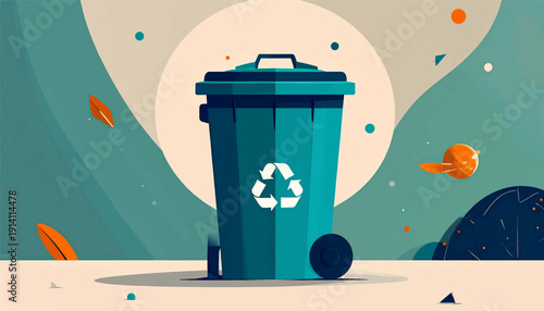 A teal recycling bin with a white recycling symbol stands on a light surface under abstract shapes and dots