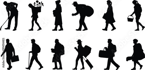 People silhouettes vector collection, walking worker poses set, carrying bags tools isolated, daily life clipart bundle pack designPeople silhouettes vector s 