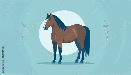 A stylized brown horse with a dark blue mane and tail stands against a light blue background