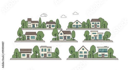 Charming Neighborhood Houses: Diverse Architectural Styles in a Green Setting