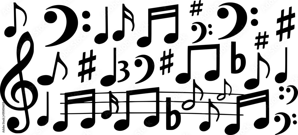 Naklejka premium set of musical notes and symbols silhouette line art vector illustration with a white background 