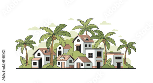 Tropical Village with Palm Trees - Flat Design Illustration