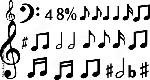 set of musical notes and symbols silhouette line art vector illustration with a white background
