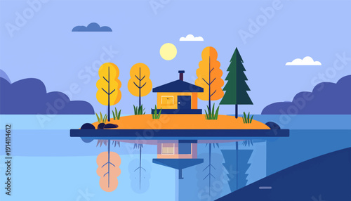 A tranquil scene shows a small house on an island, reflected in calm water under a clear sky