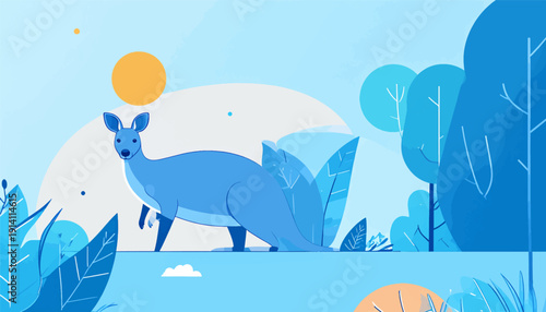 A blue kangaroo stands amidst stylized blue foliage under a pale blue sky with an orange circle