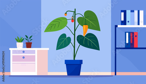 A potted pepper plant with fruit and leaves sits in a room with a filing cabinet and small plants