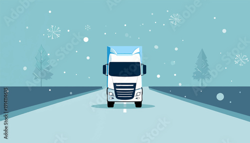 A truck travels on a snowy road past stylized trees under a sky filled with snowflakes