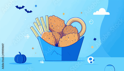 A playful illustration of crispy chicken nuggets and fries in a blue container, with Halloween-themed elements like bats and a pumpkin