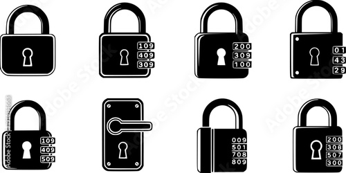 set of lock icon silhouette line art vector illustration with a white background
