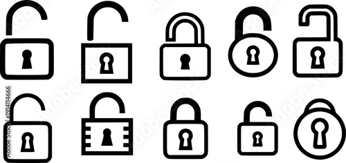 set of lock icon silhouette line art vector illustration with a white background
