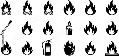 set of fire icons and flame symbol silhouette line art vector illustration with a white background
