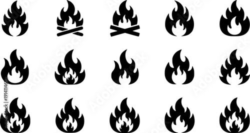 set of fire icons and flame symbol silhouette line art vector illustration with a white background
