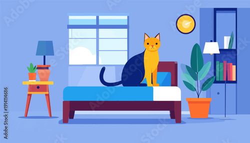 A two-toned cat sits on a bed in a minimalist room with plants