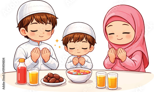 Muslim family praying together before meal with dates and juice, capturing a serene moment of gratitude and faith