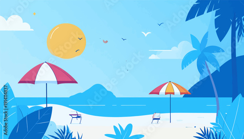 A vibrant cartoon beach scene with two umbrellas, lounge chairs, and palm trees under a bright sun