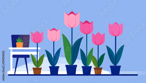 A row of pink tulips and a potted plant sit on a desk beside a stool