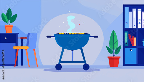 A bright blue grill with food cooking on it, in a room with plants and shelves