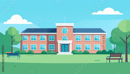 A brick building with many windows, surrounded by trees and green space with benches