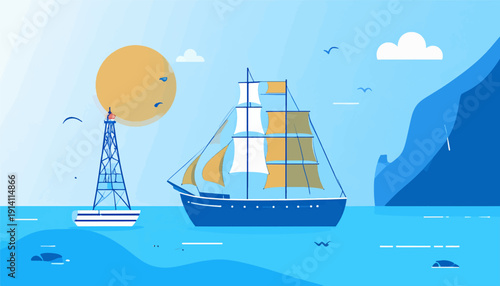 A sailboat and a tall ship navigate calm seas under a large sun and blue sky