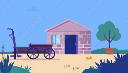 A rustic scene unfolds with a brick house, a horse-drawn cart, and a potted tree under a clear sky