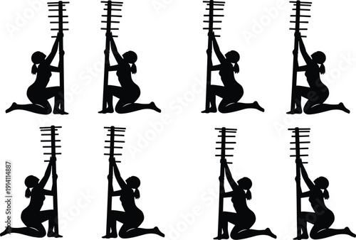 Black vector silhouette set of an athletic woman climbing a ladder or vertical pole for fitness training gym exercise strength and sports branding design,