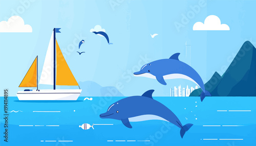 A sailboat glides on a clear blue sea with playful dolphins leaping around it under a sky with clouds