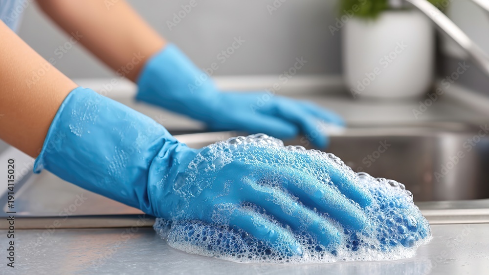 Fototapeta premium A person in comfortable clothing provides health and home care by cleaning the kitchen floor and sink to maintain a beautiful lifestyle