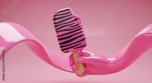 Vibrant 3D render featuring a trendy pink and black tiger-striped popsicle, artfully presented by a matching hand with a flowing pink backdrop, a playful dessert concept
