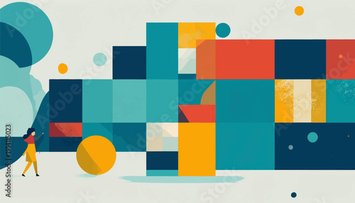 Minimalist abstract composition with a lone figure interacting with geometric shapes and circles