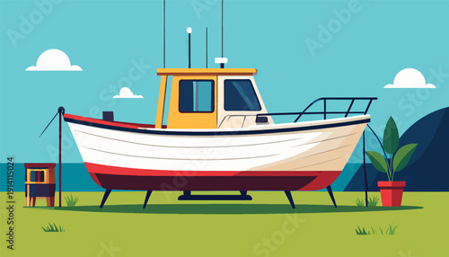 A stylized fishing boat rests on land near the water under a blue sky with clouds