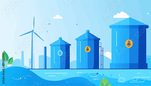 A serene blue landscape with wind turbines, storage tanks, and foliage under a light sky